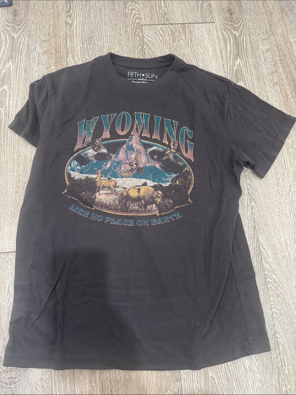 Fifth Sun Black Wyoming Graphic Tee with Vintage Multicolor Mountain Scene